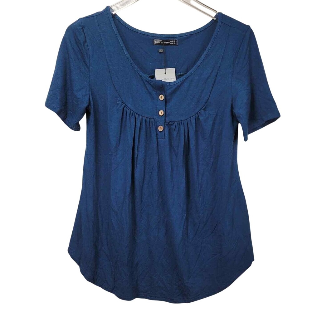 Sarin Mathews Short Sleeve Top Small Blue Scoop Neck Pullover Casual‎